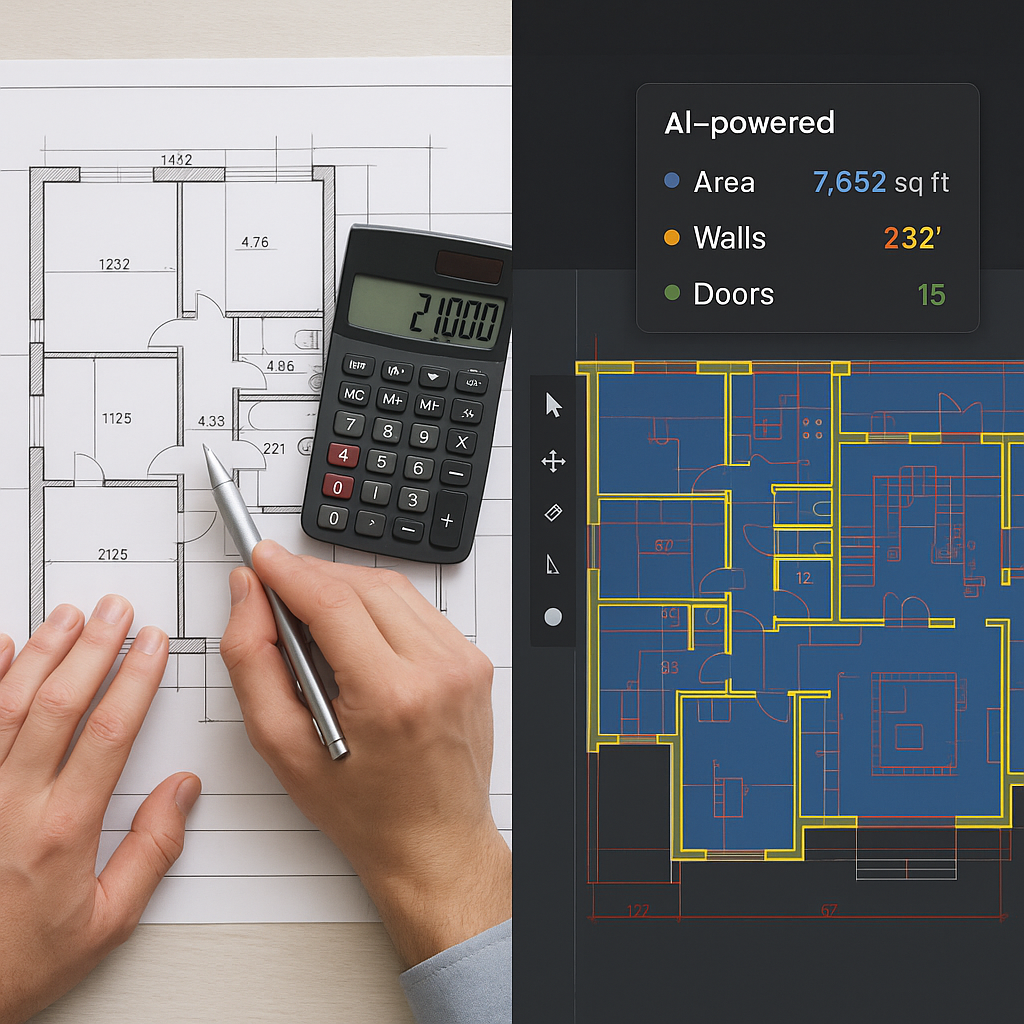 A split-screen image: one side shows a traditional estimator with paper drawings and a calculator, and the other side sh...