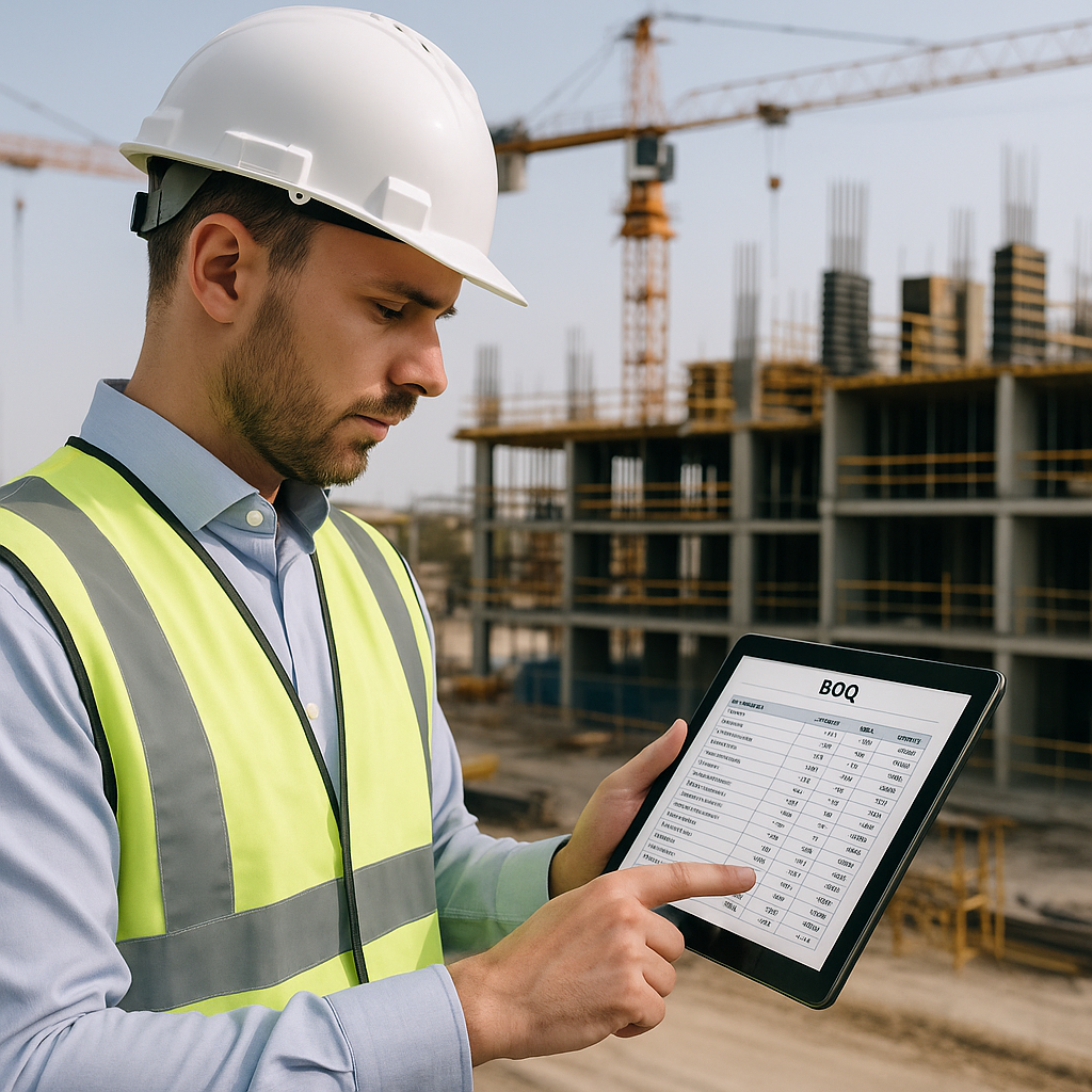 A construction project manager reviewing a digital BOQ on a tablet with a construction site in the background, emphasizi...