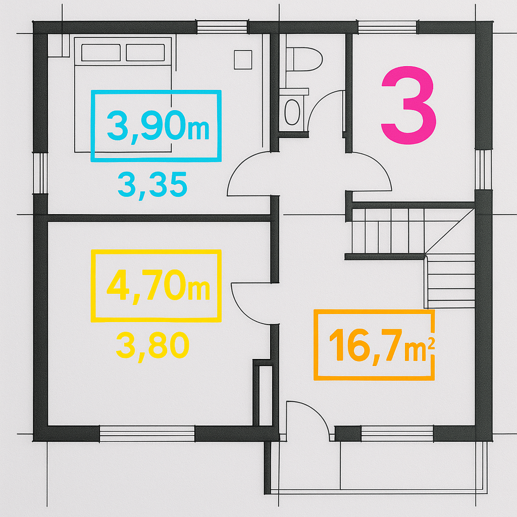 An architectural drawing with overlayed AI-generated annotations in bright colors, showing room dimensions, counts, and...