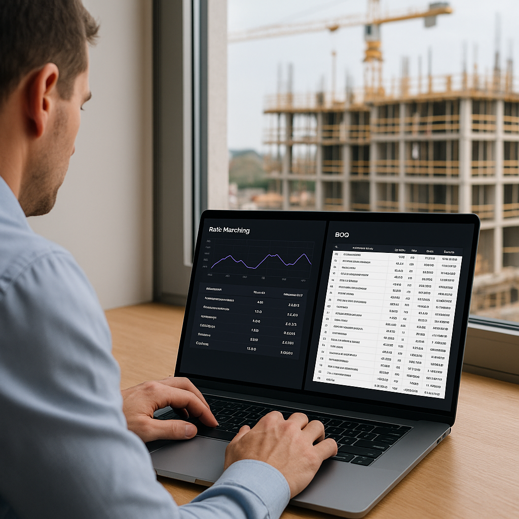A construction estimator using a sleek AI-powered platform on a laptop, with a split-screen showing rate matching result...