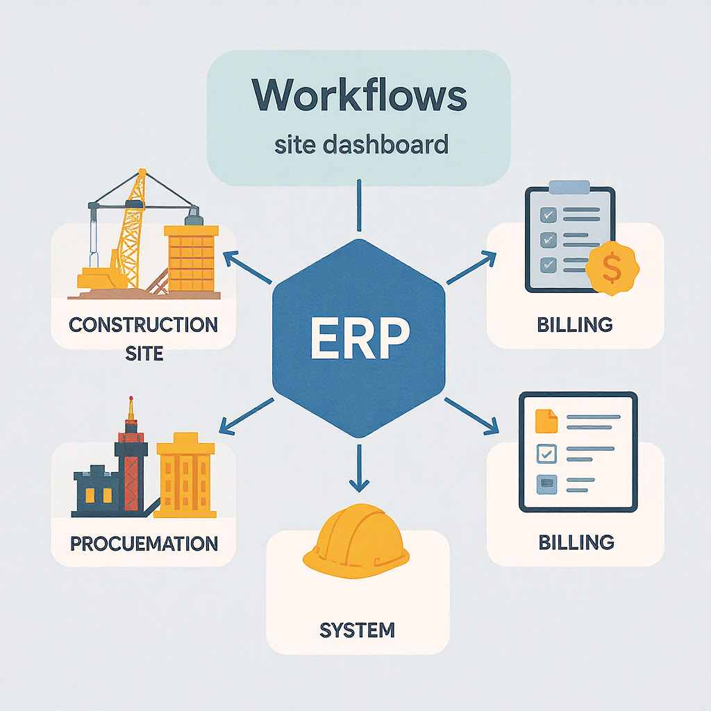 A digital illustration showing construction site operations connected to a centralized ERP system dashboard, with workfl...
