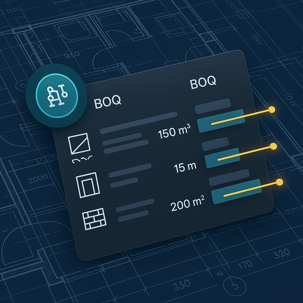 A sleek AI-driven interface overlaying a complex construction blueprint, with automated BOQ extraction highlights and ra...