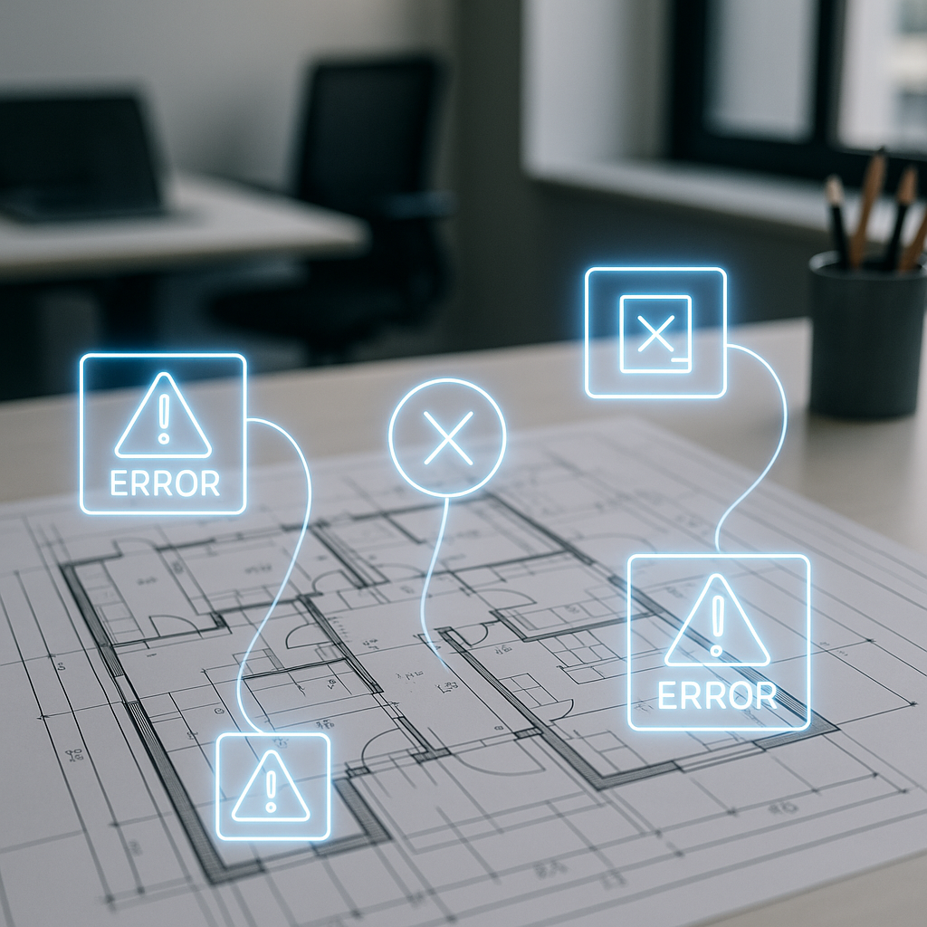 A construction blueprint overlaid with glowing AI analysis markers, showing flagged errors and annotations, in a modern...