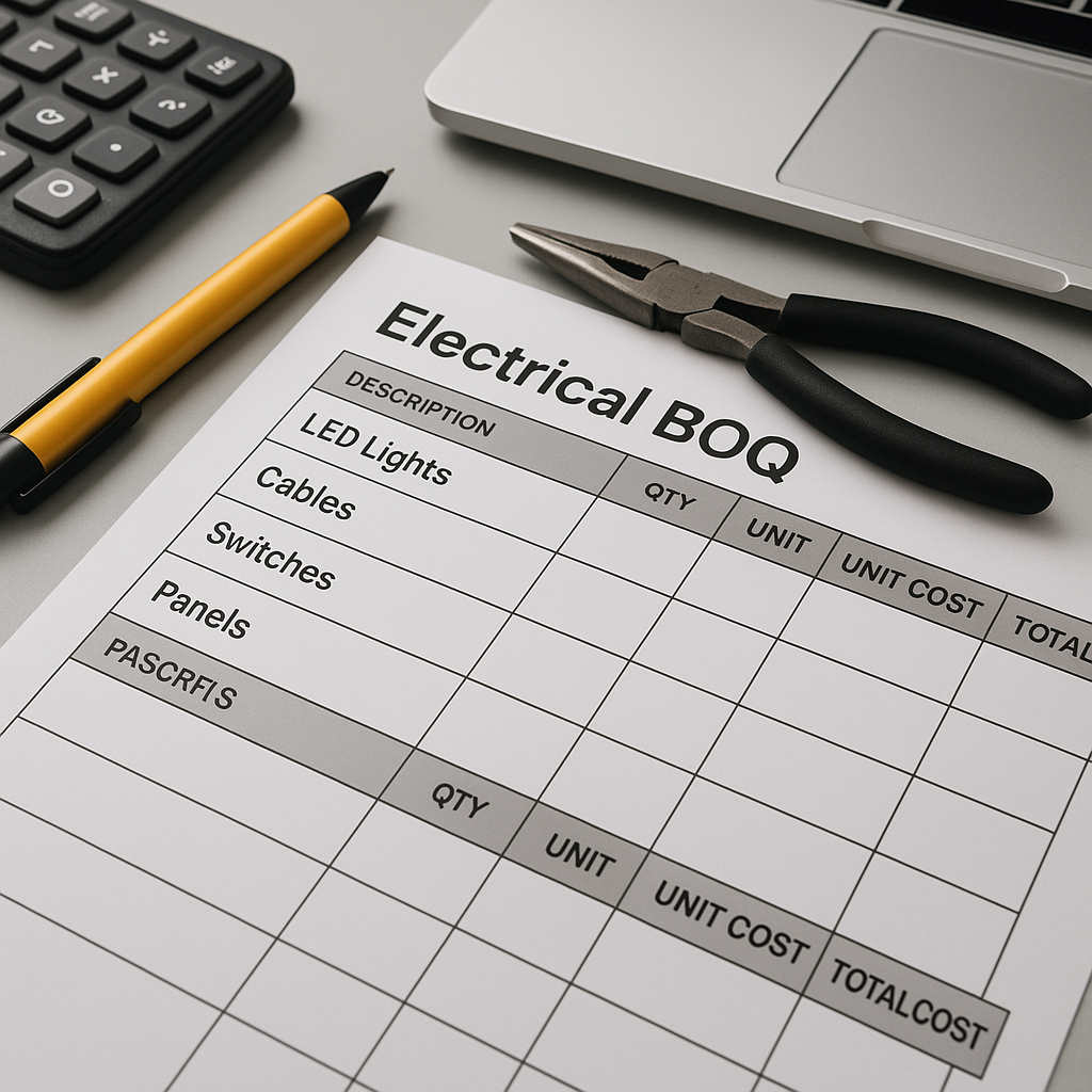 An electrical BOQ spreadsheet on a contractor's desk, showing clearly labeled rows for LED lights, cables, switches, and...