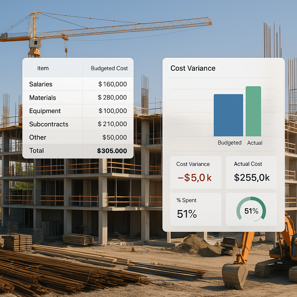 A construction site with overlay visuals of a budget spreadsheet and real-time cost tracking analytics dashboard, emphas...