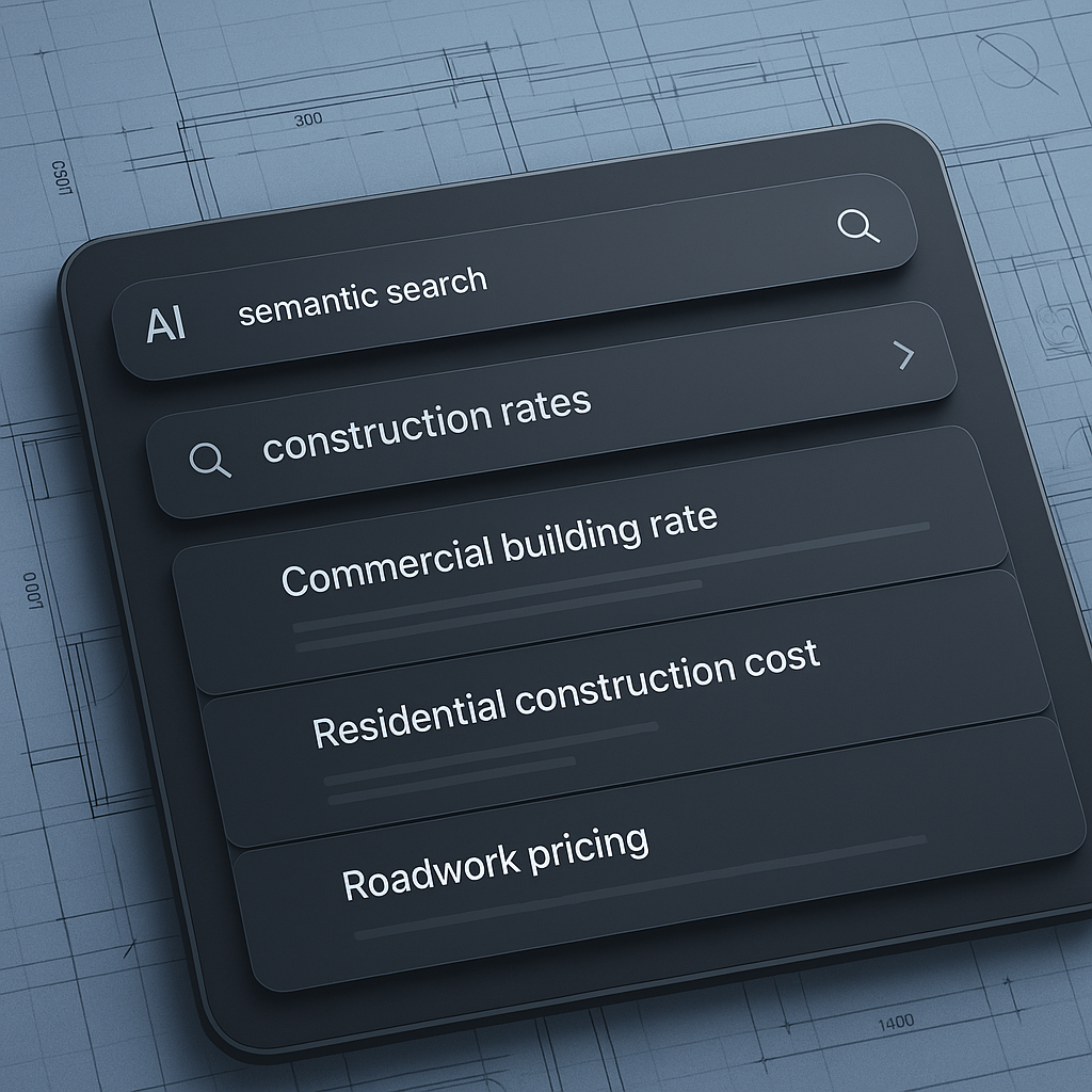 A sleek AI interface displaying a semantic search bar with results for construction rates, overlaid on a blueprint backg...