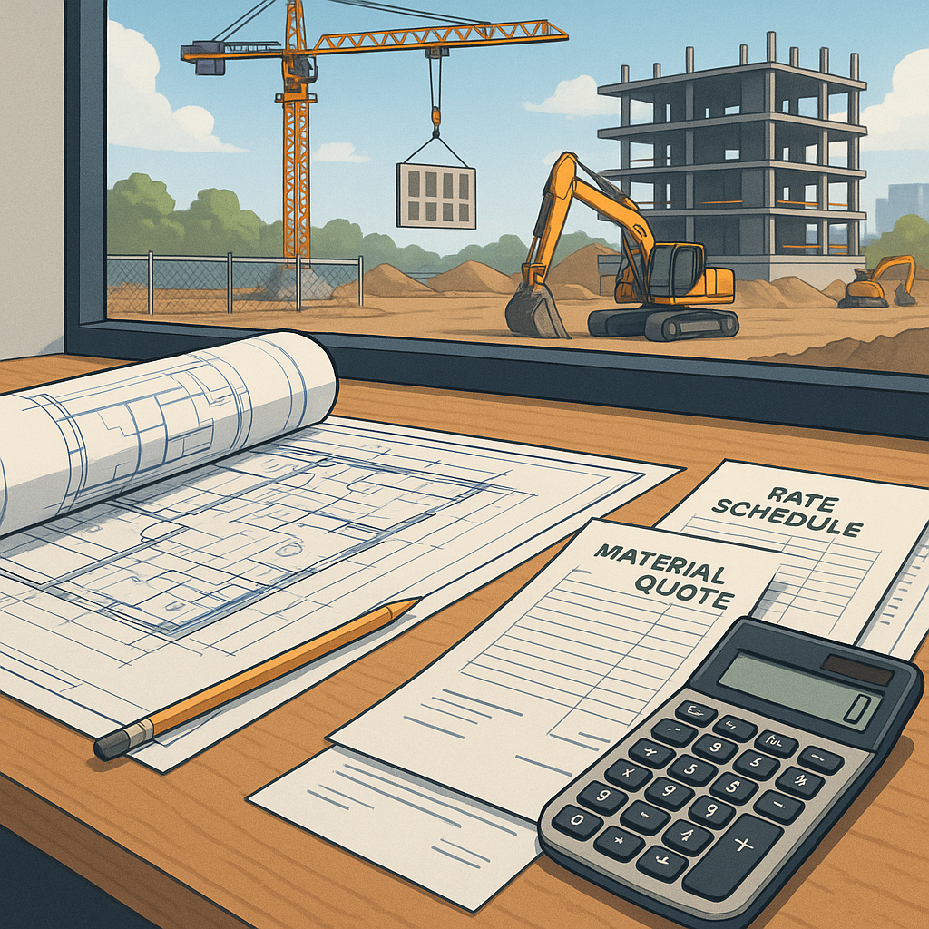 A detailed illustration of a contractor's desk showing blueprints, rate schedules, material quotes, and a calculator wit...