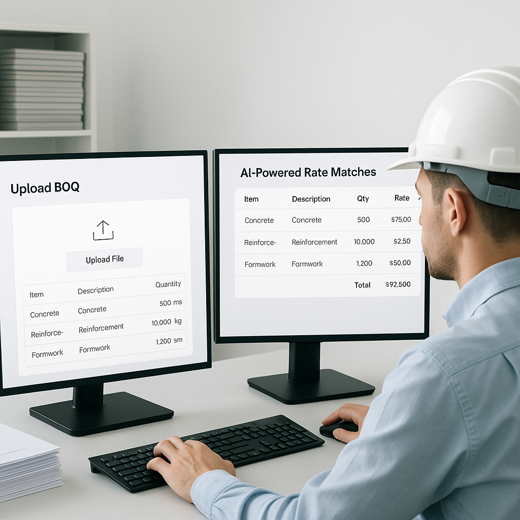 A construction estimator at a desk, with dual monitors showing a BOQ upload on one screen and AI-powered rate matches on...