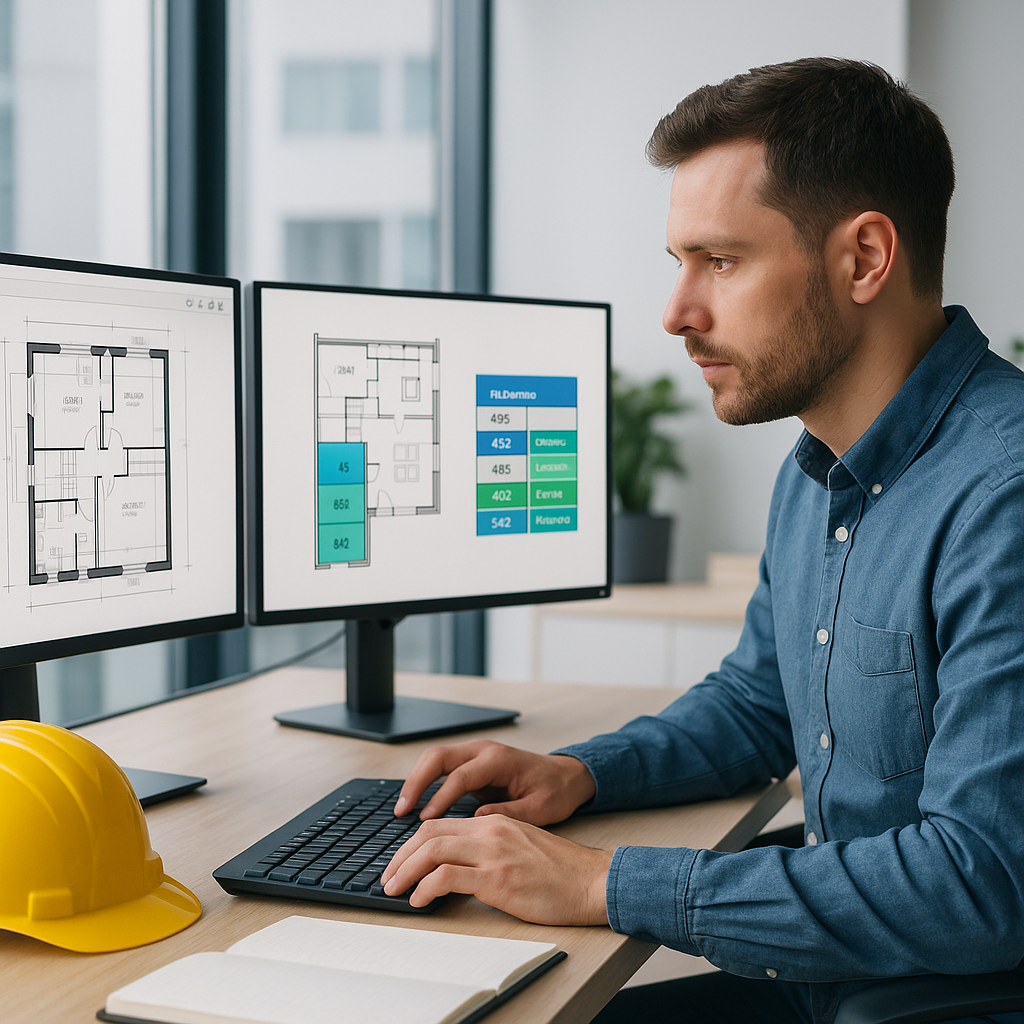 A construction estimator working on a multi-screen setup, with one screen showing a PDF drawing and another displaying A...