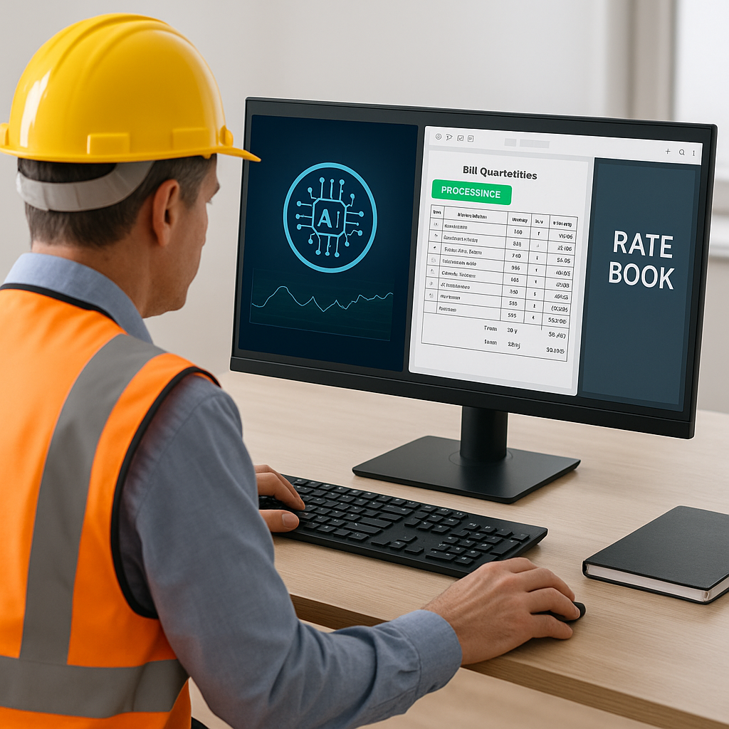 An image showing a construction estimator at a desk with AI software on the screen, featuring a split view of a BOQ bein...