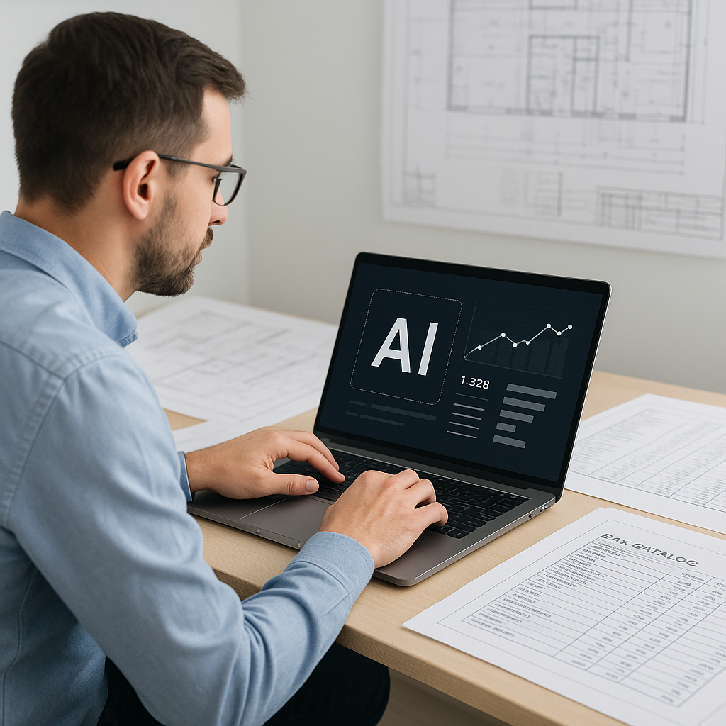 An estimator in an office using AI software on a laptop, with construction drawings and rate catalogs visible in the bac...