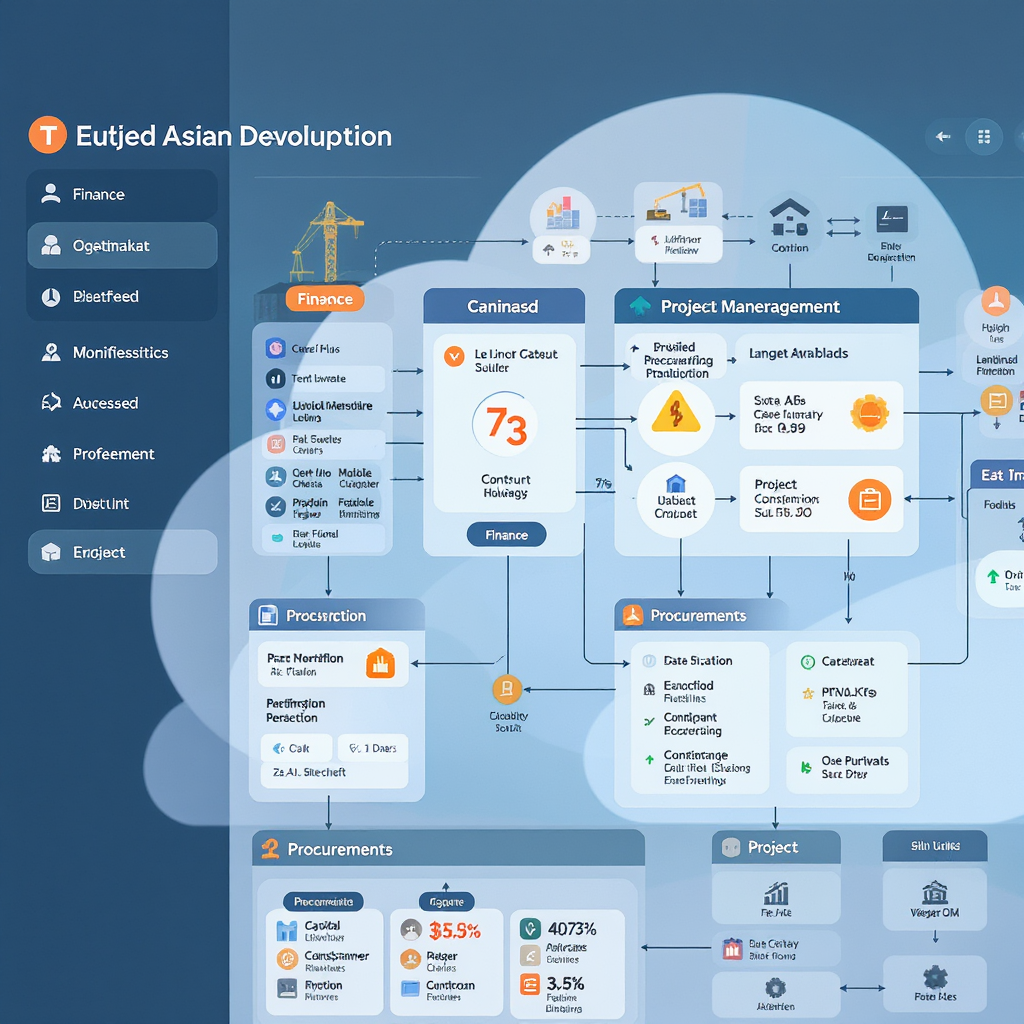 A detailed illustration of a construction company’s operations visualized in a modern cloud-based dashboard, showing int...