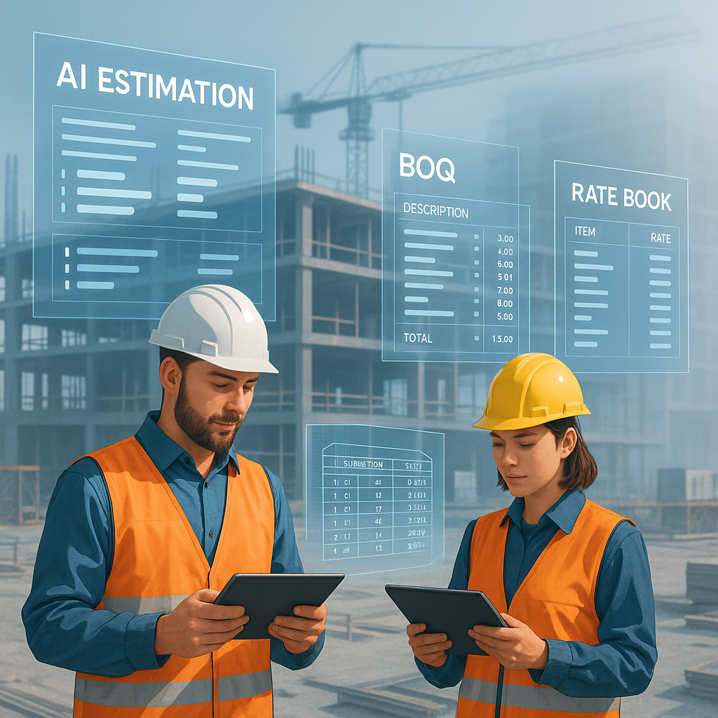 A futuristic construction site with digital overlays showing AI-powered estimation: workers holding tablets, holographic...