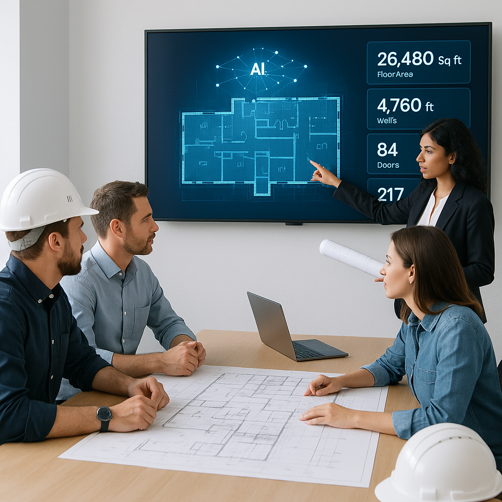 A modern construction office with a digital screen showing AI-driven takeoff data from blueprints, alongside a team revi...
