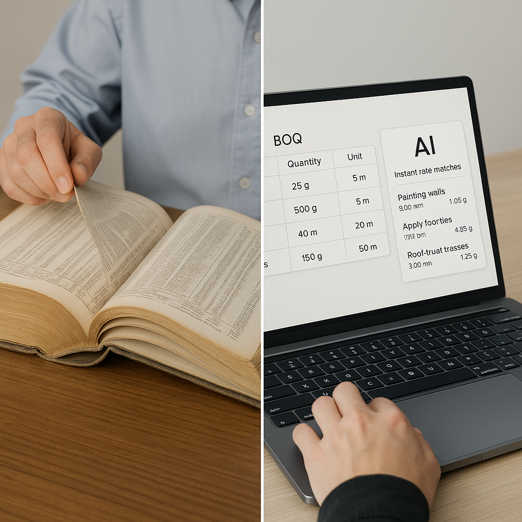 A split-screen image showing an old-fashioned estimator flipping through a massive rate book on one side, and on the oth...