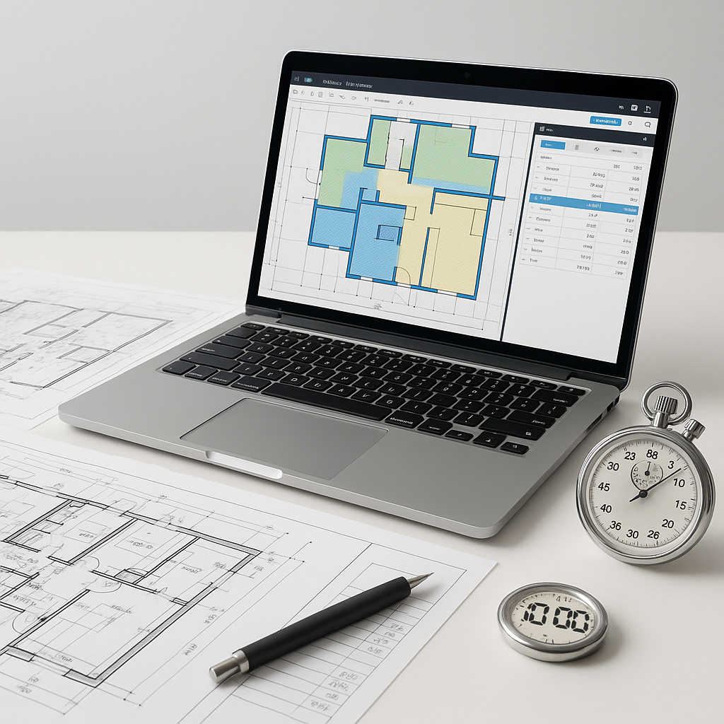 A modern construction estimator's desk featuring a laptop, open blueprints, and a screen showing AI takeoff software in...