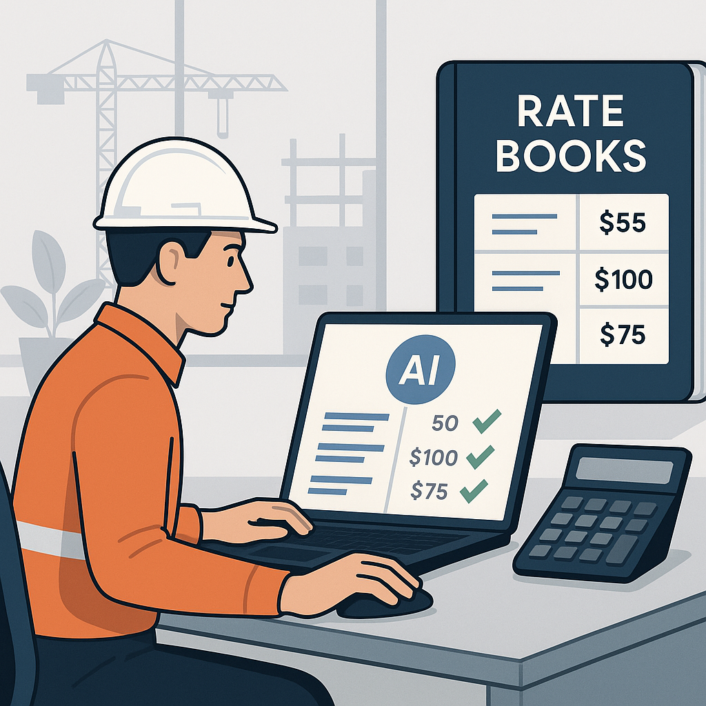 A detailed illustration of a construction estimator using an AI-powered platform to match rates instantly, with a side-b...