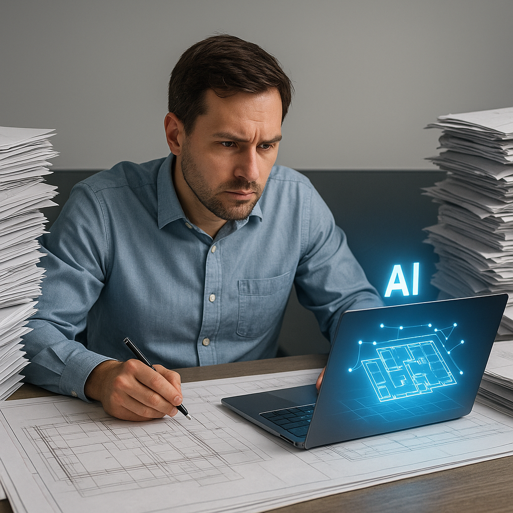 A busy construction estimator surrounded by stacks of paper drawings, with a glowing AI-powered laptop on the desk displ...