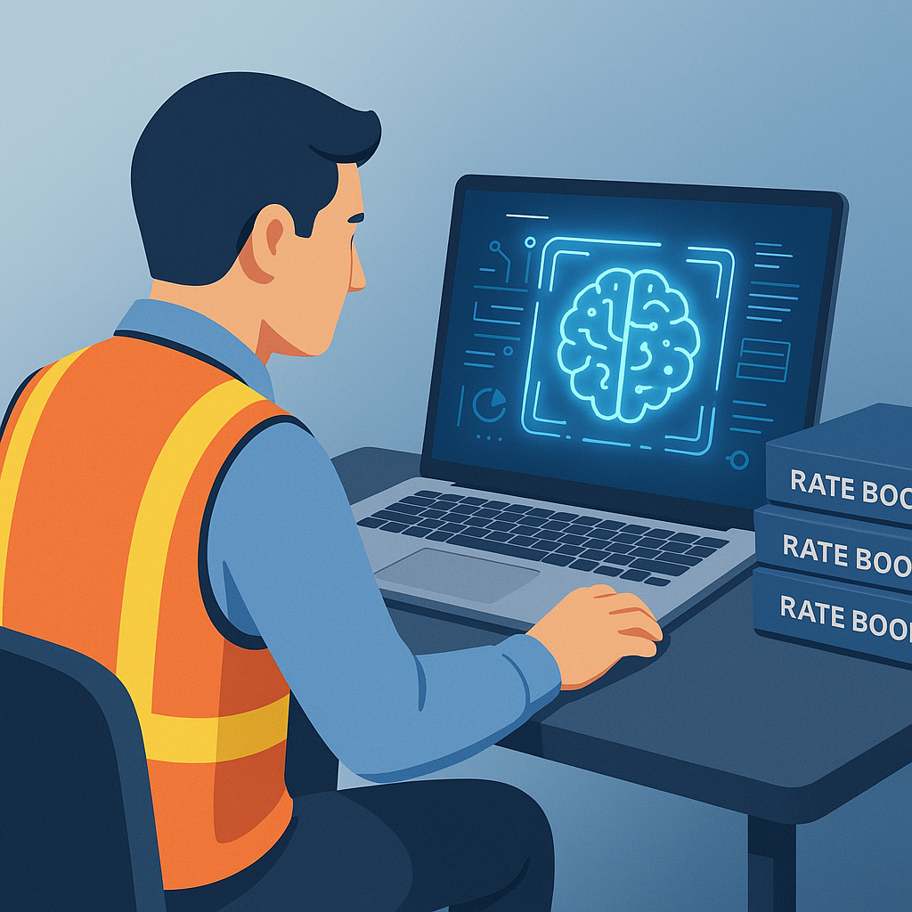 Digital illustration of a construction estimator sitting at a desk with a laptop showing AI-powered estimation software,...