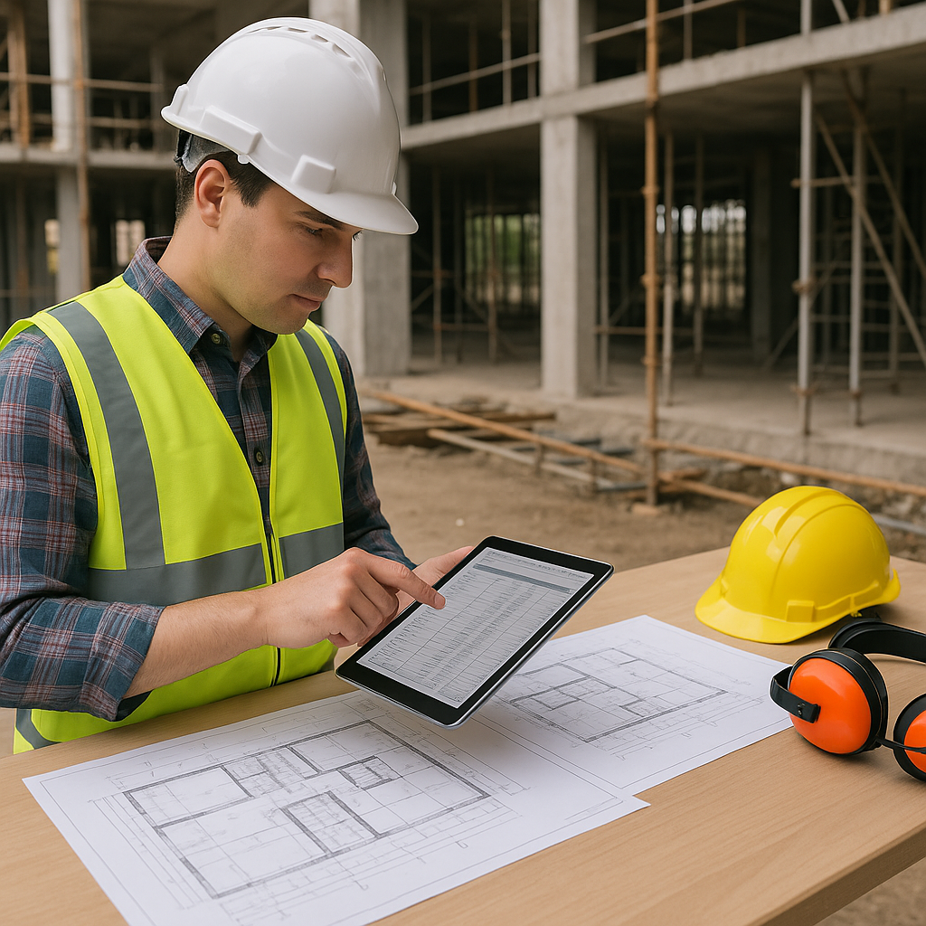 A construction site with a contractor using a tablet to update a BOQ in real-time, surrounded by blueprints and safety g...