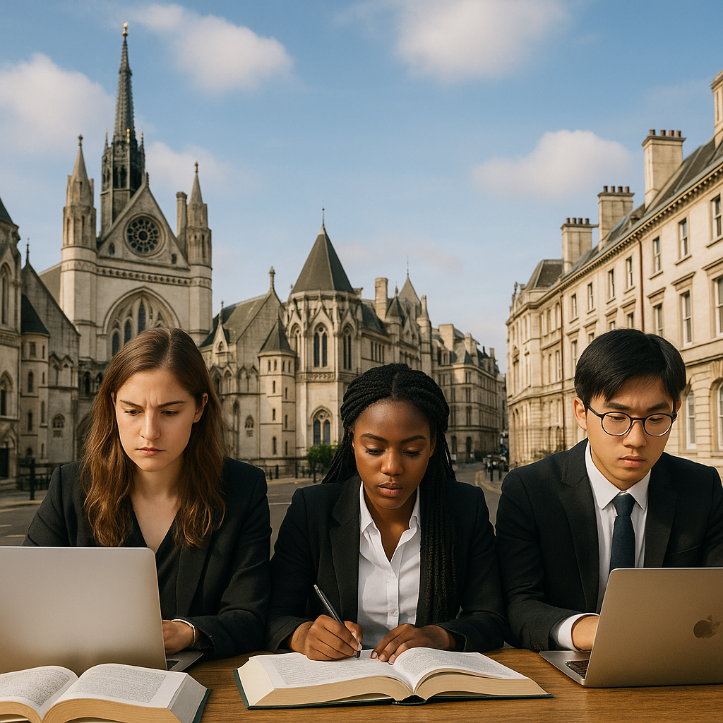 An image of a diverse group of law students intensely studying with laptops and books, set against a backdrop of iconic...