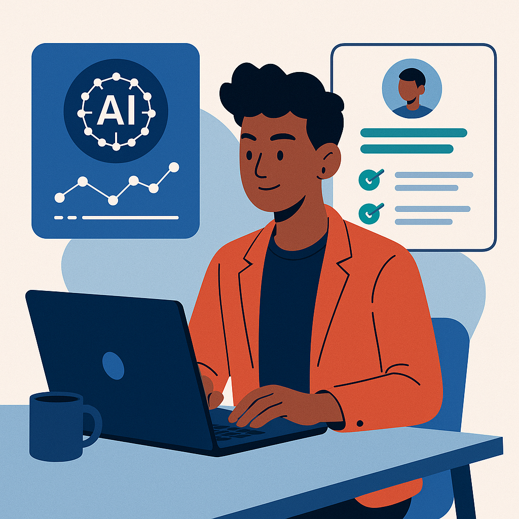 A modern, vibrant illustration of a young professional (Gen Z) working on a laptop, with AI-powered analytics and resume...