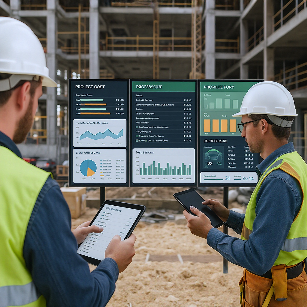 A busy construction site with workers using tablets and smartphones, surrounded by live dashboards displaying project co...