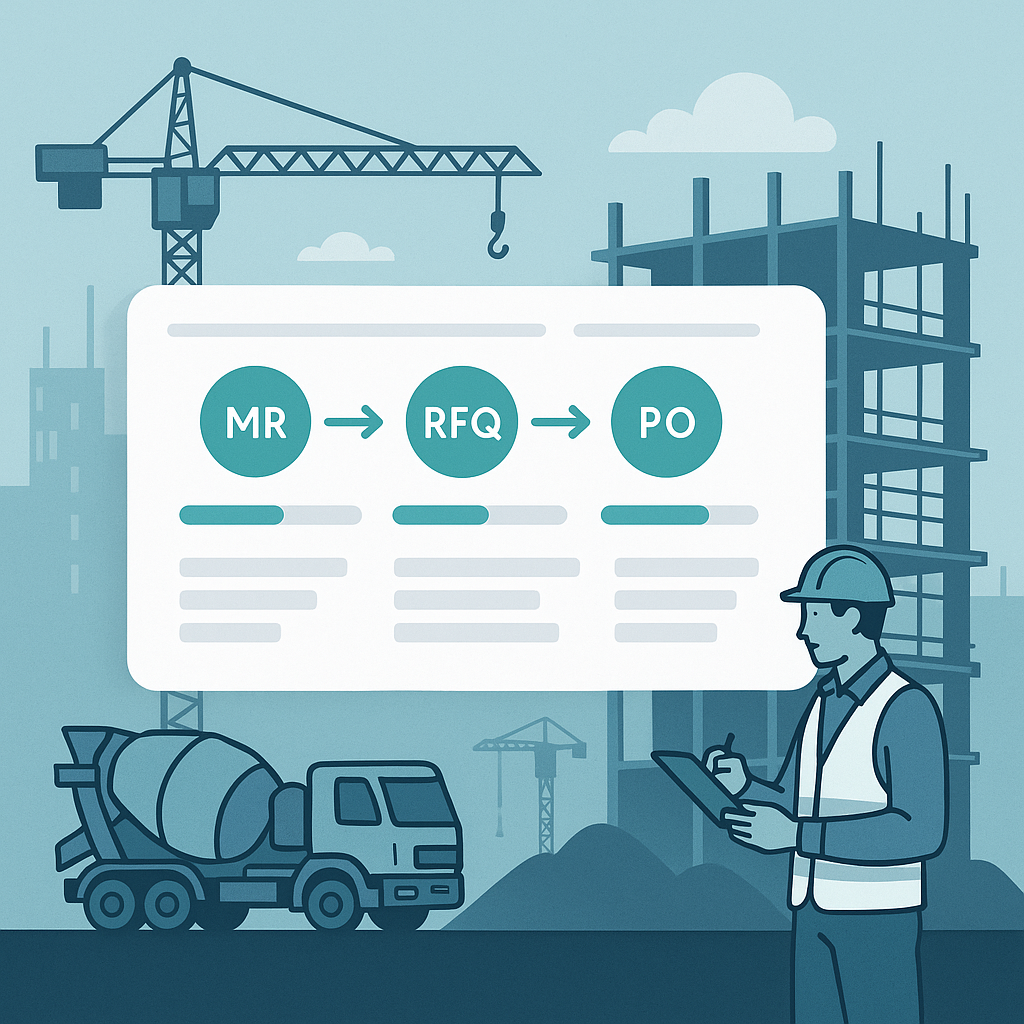 An illustration of a construction site with a digital dashboard overlay showing procurement workflows (MR → RFQ → PO) in...