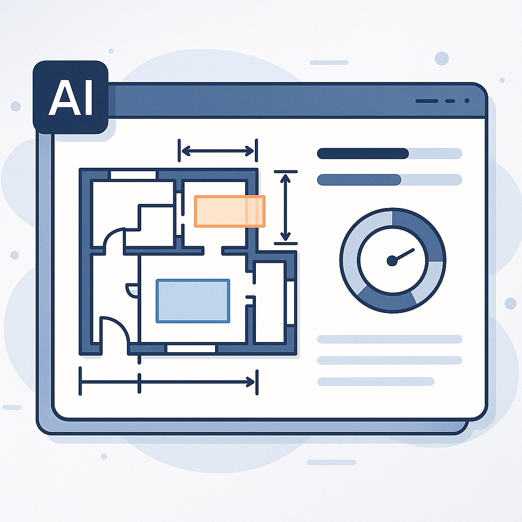A detailed illustration of an AI-powered software interface analyzing construction drawings, with visual elements like h...