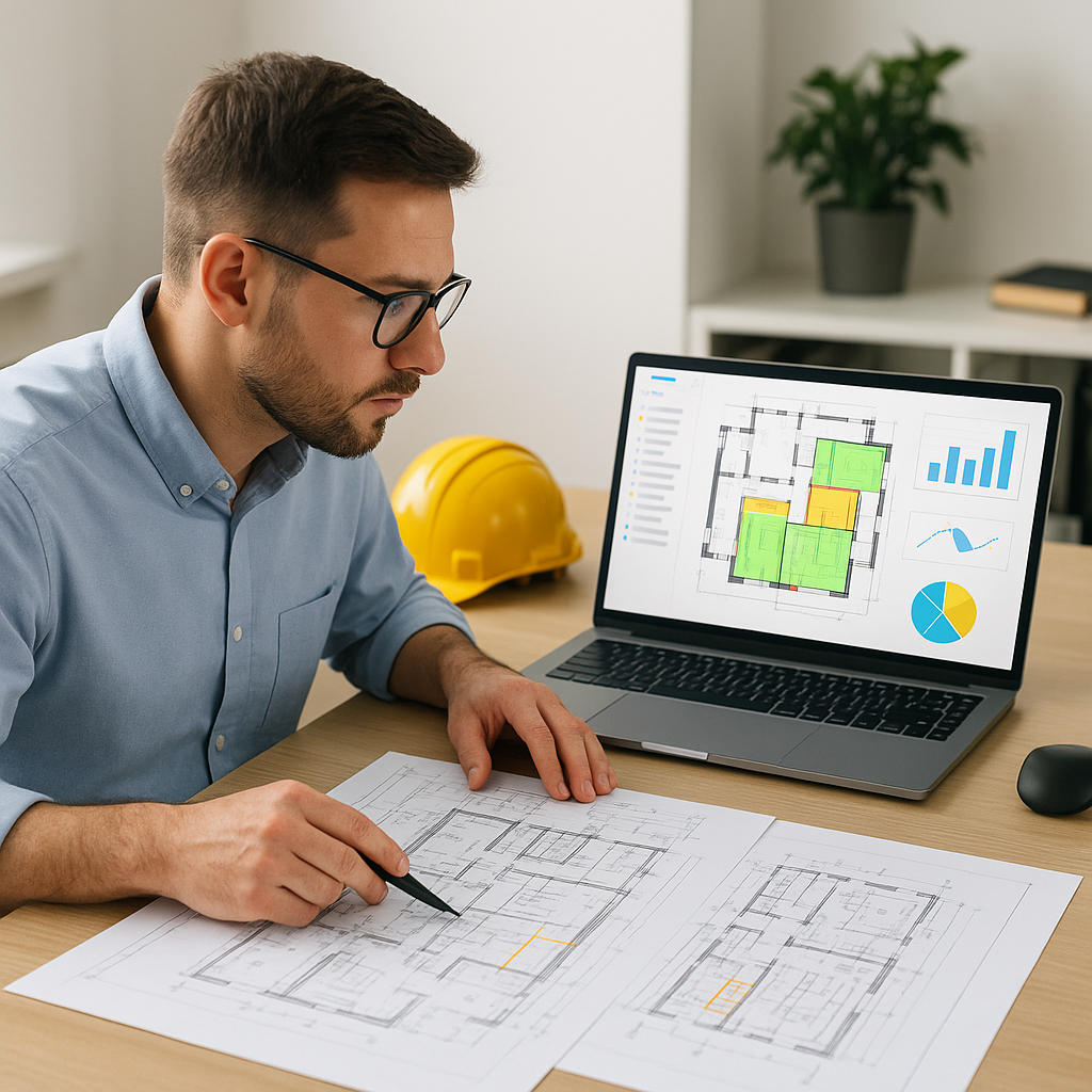 A busy construction estimator at a desk comparing blueprints with a laptop screen showing an AI takeoff tool interface....