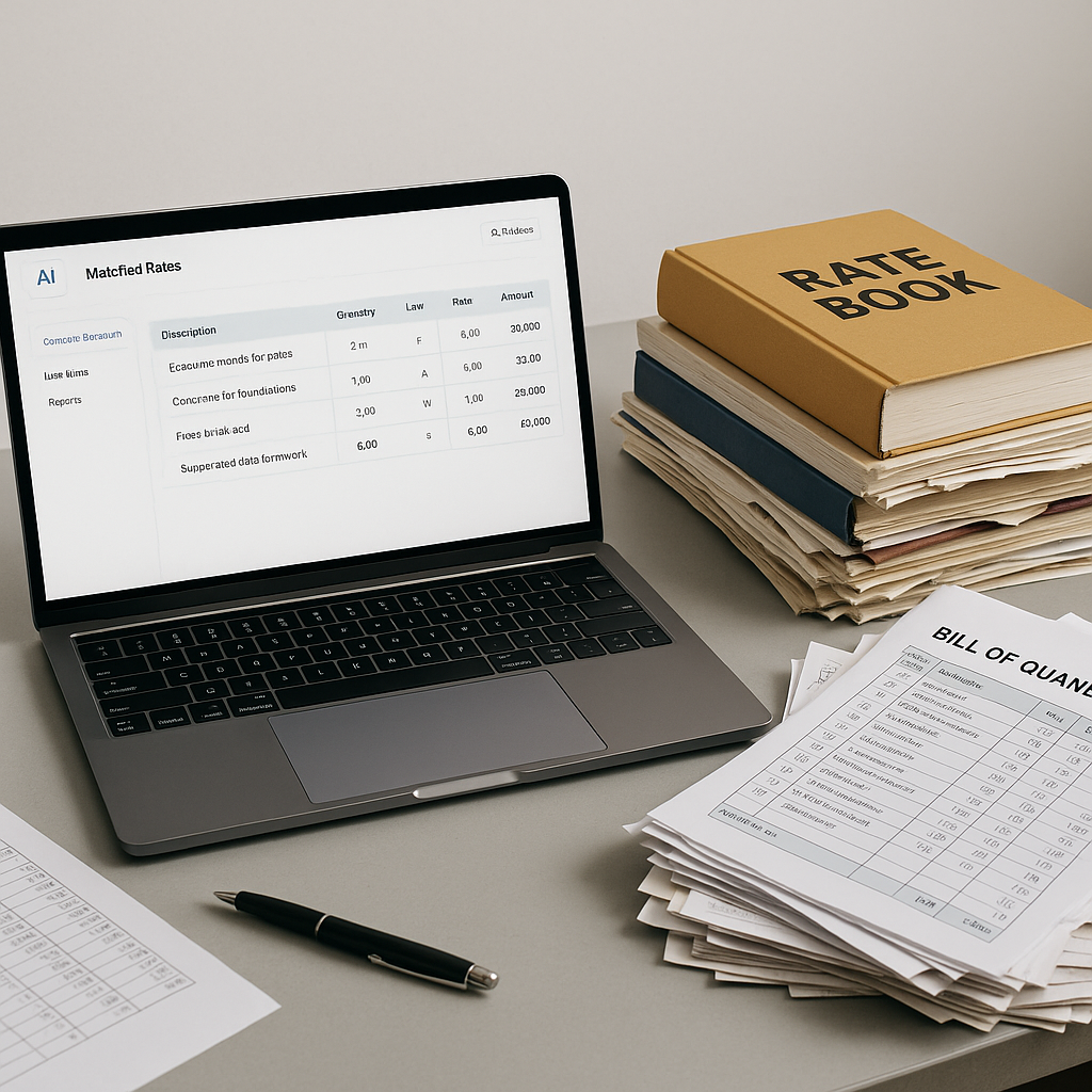 A construction estimator's desk with an open laptop running AI-powered estimation software, showing matched rates on-scr...
