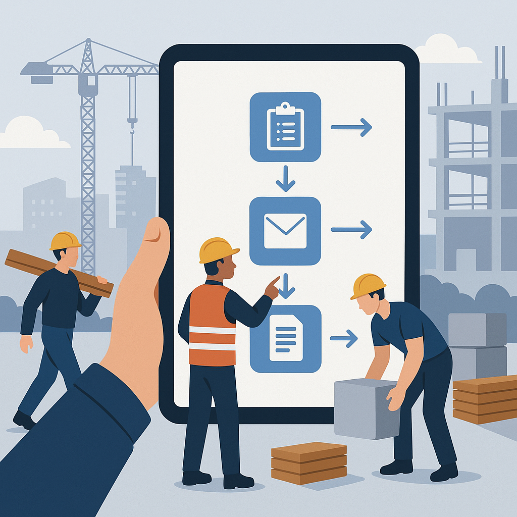 An illustration of a construction project site with a digital dashboard showing procurement workflows (MR to RFQ to PO)...
