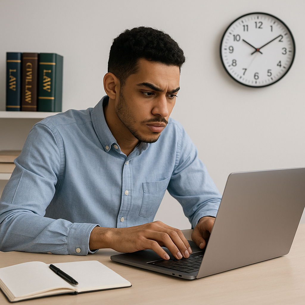 A student sitting at a desk with a laptop, focused on a timed mock exam. Background shows legal textbooks and a ticking...