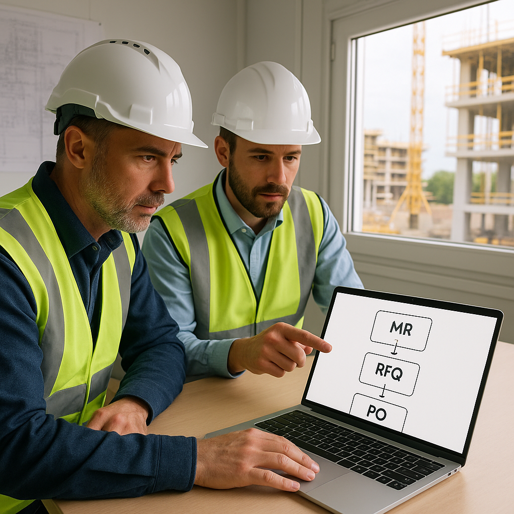 A construction site office with a digital dashboard on a laptop showing procurement workflows (MR, RFQ, PO) and site man...