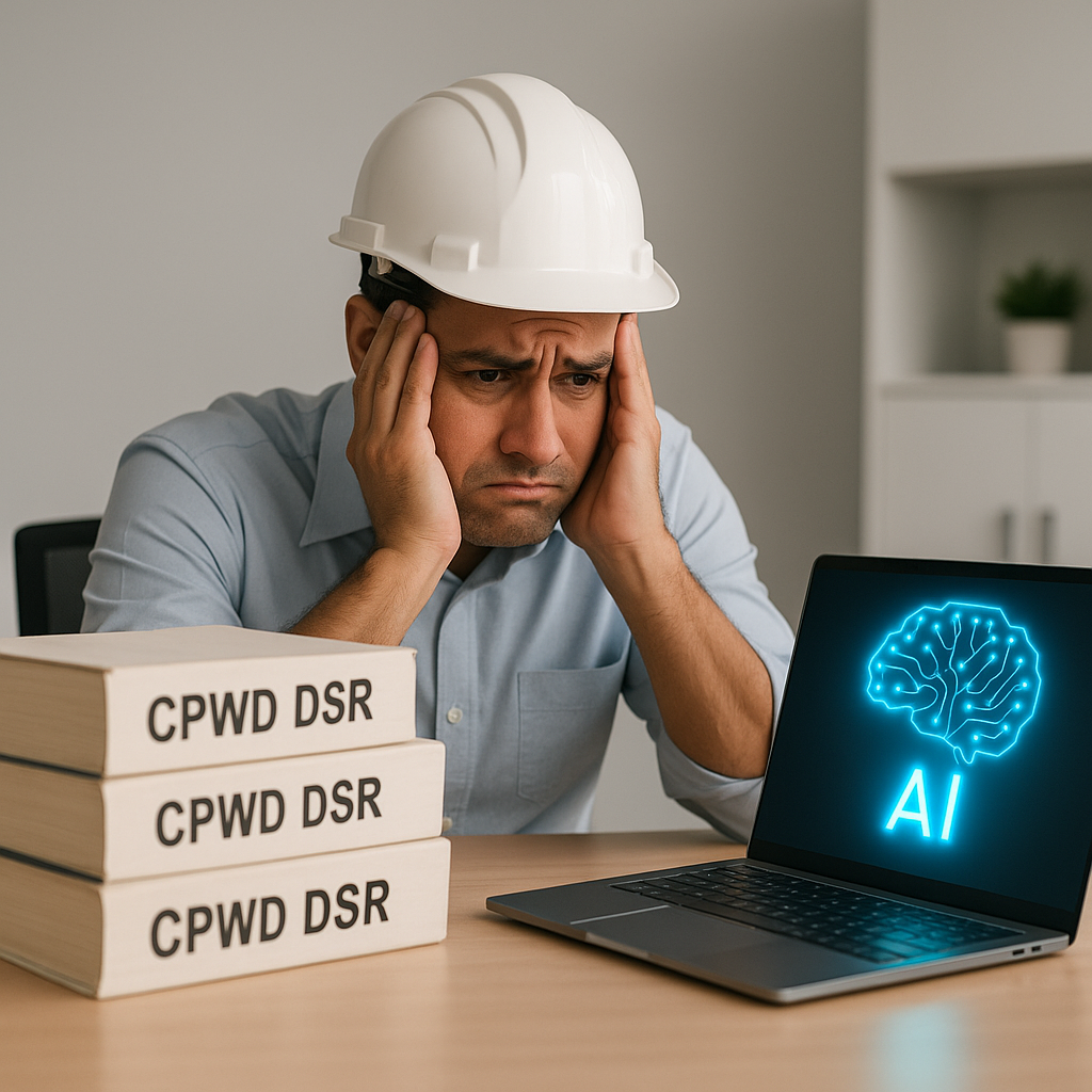 A contractor sitting at a desk surrounded by thick CPWD DSR books, looking frustrated, with an AI-powered estimation too...