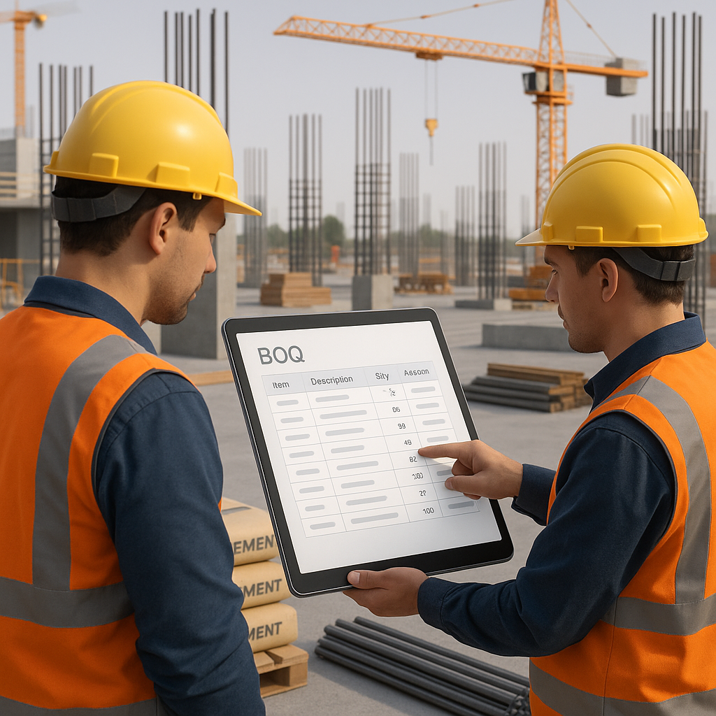 A detailed 3D-rendered construction site with workers analyzing a digital BOQ on a touchscreen tablet, surrounded by con...