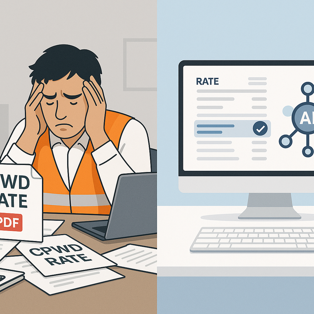 A contractor frustrated at a cluttered desk with CPWD rate PDFs, contrasted with a clean digital interface showing AI-po...