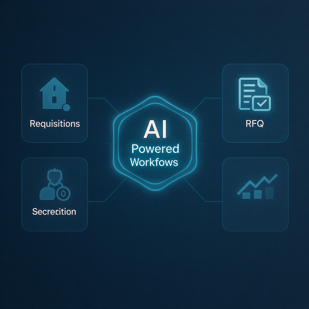 A futuristic digital interface showing AI-powered procurement workflows, with icons for material requisitions, RFQs, POs...