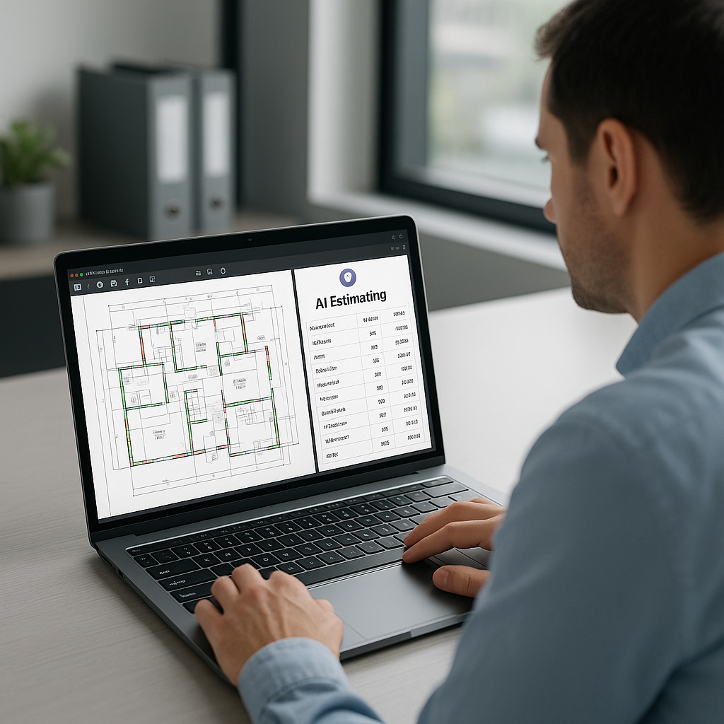 A construction estimator using AI-powered software on a laptop, with PDF drawings and extracted data displayed on the sc...