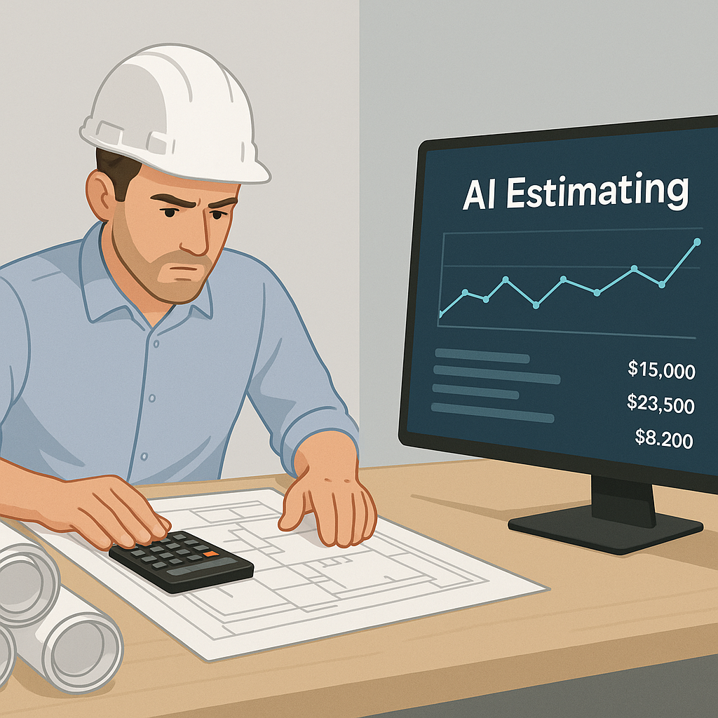 A busy construction estimator at a desk with stacks of blueprints, contrasted with a sleek AI-powered computer interface...