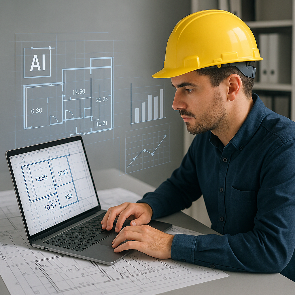 A construction estimator working on a laptop with AI-powered software, surrounded by digital overlays showing takeoff me...