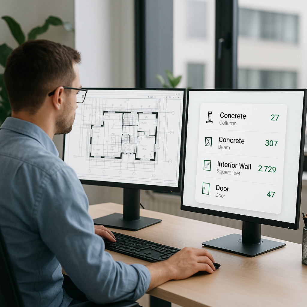 A construction estimator at a desk with dual monitors—one showing a complex PDF drawing, the other displaying an AI tool...