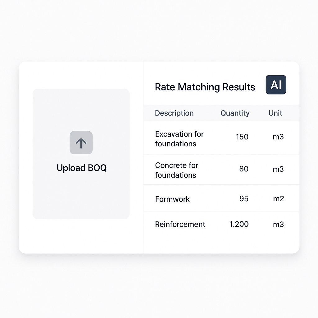 An AI-powered construction estimator interface displaying a BOQ upload and instant rate matching results with a modern,...