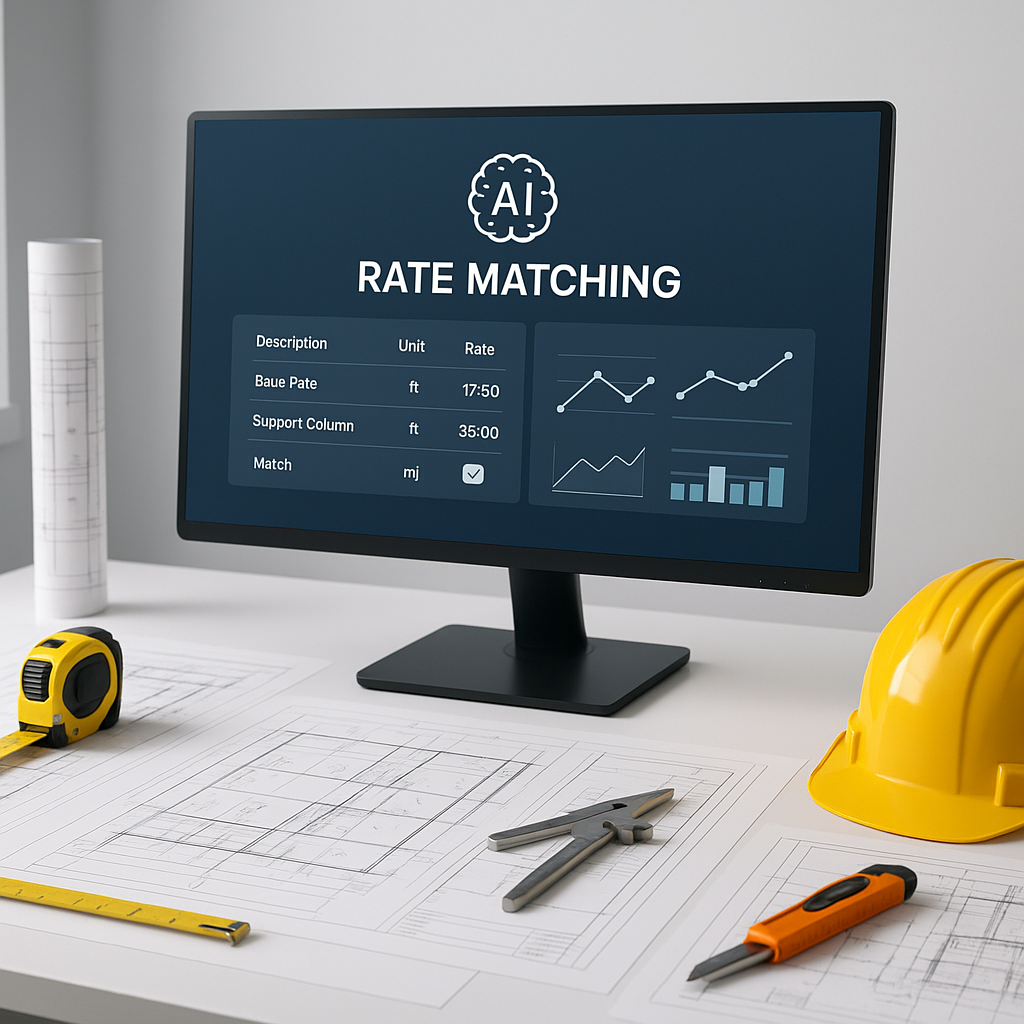 A futuristic construction estimator desk featuring a computer with AI-powered software displaying a rate matching interf...