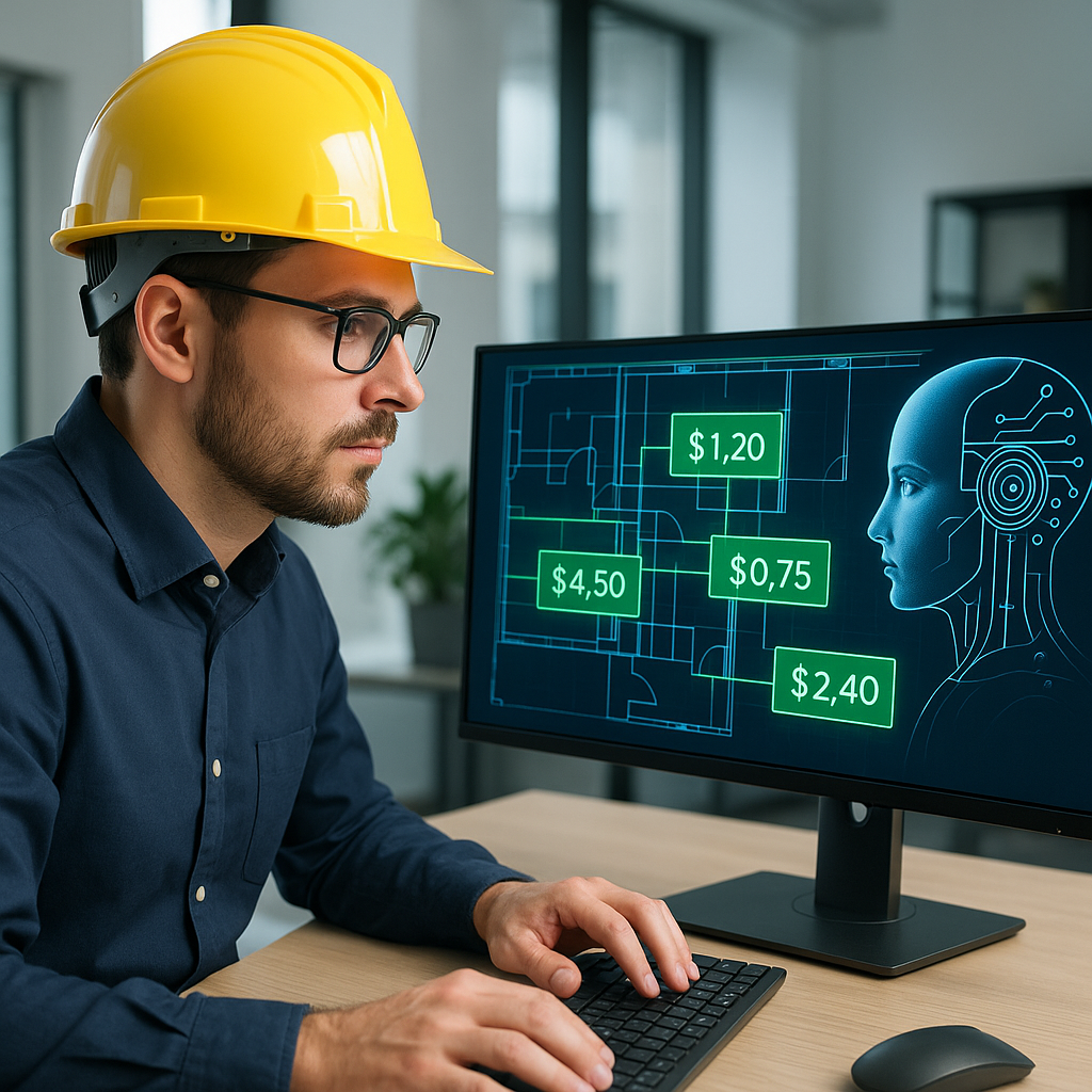 An AI-powered construction estimator analyzing a digital blueprint with rate data overlayed, in a modern office setting.