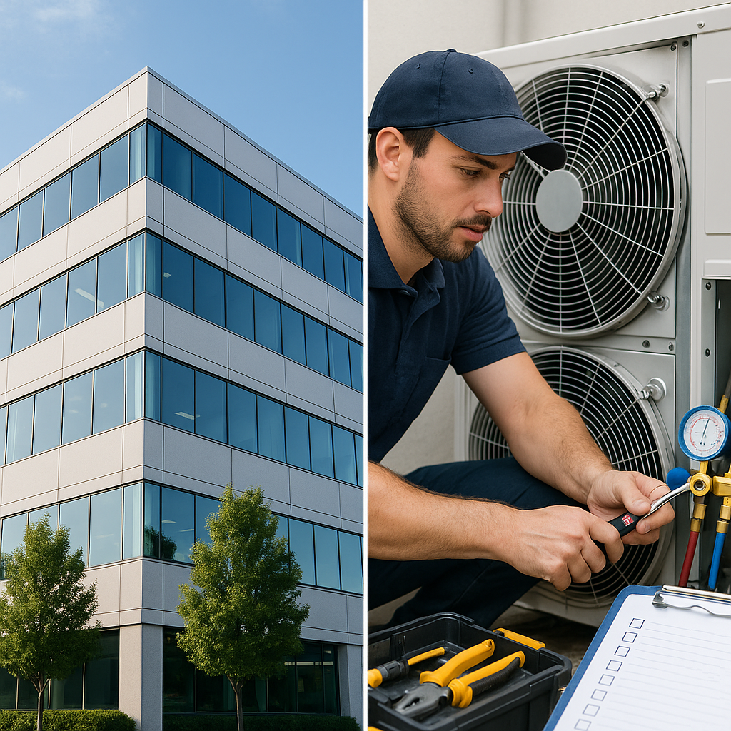 A split-screen image showing a clean office building (Soft FM) on one side and a technician repairing HVAC equipment (Ha...