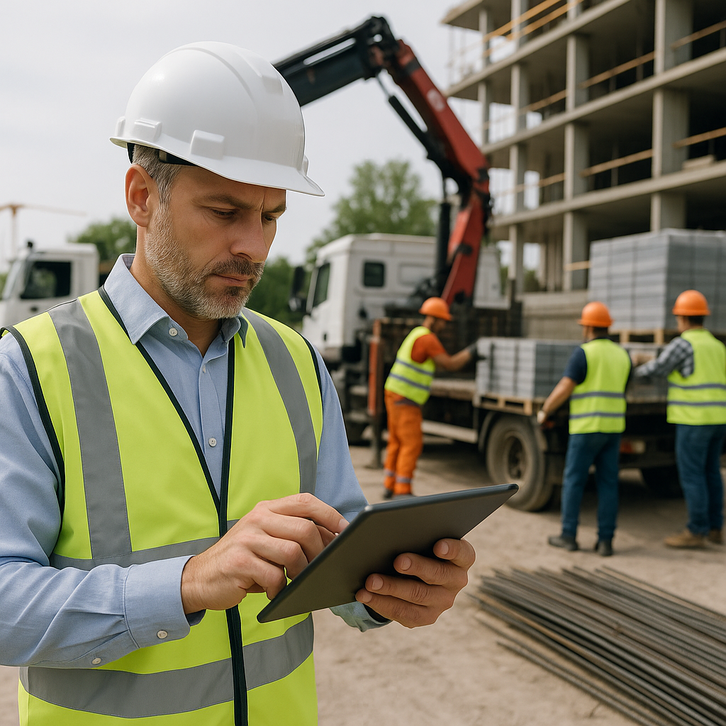 A construction site manager reviewing procurement workflows on a tablet, surrounded by workers unloading materials from...