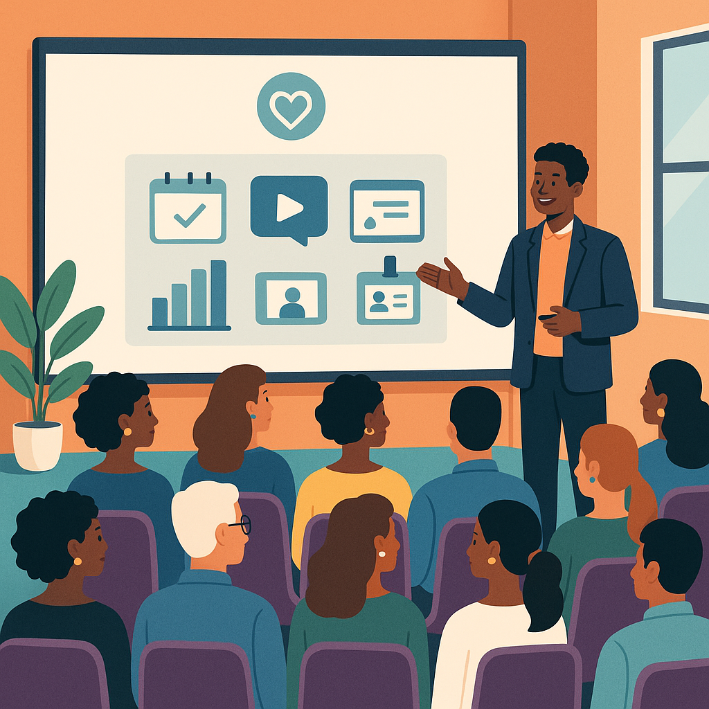 A vibrant illustration of a nonprofit conference room with a keynote speaker addressing a diverse audience, showcasing e...
