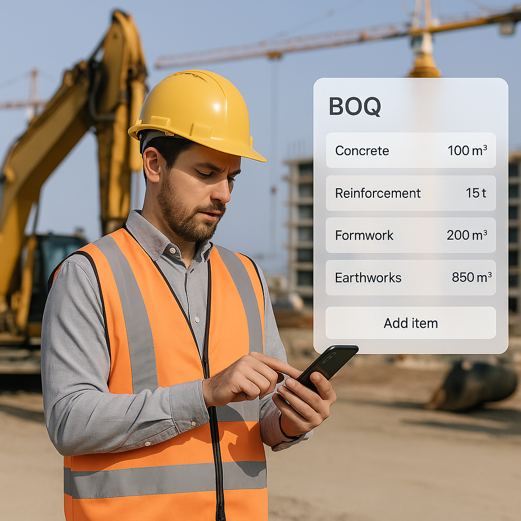 A contractor on-site using a mobile app to input BOQ details, with construction equipment in the background and a digita...