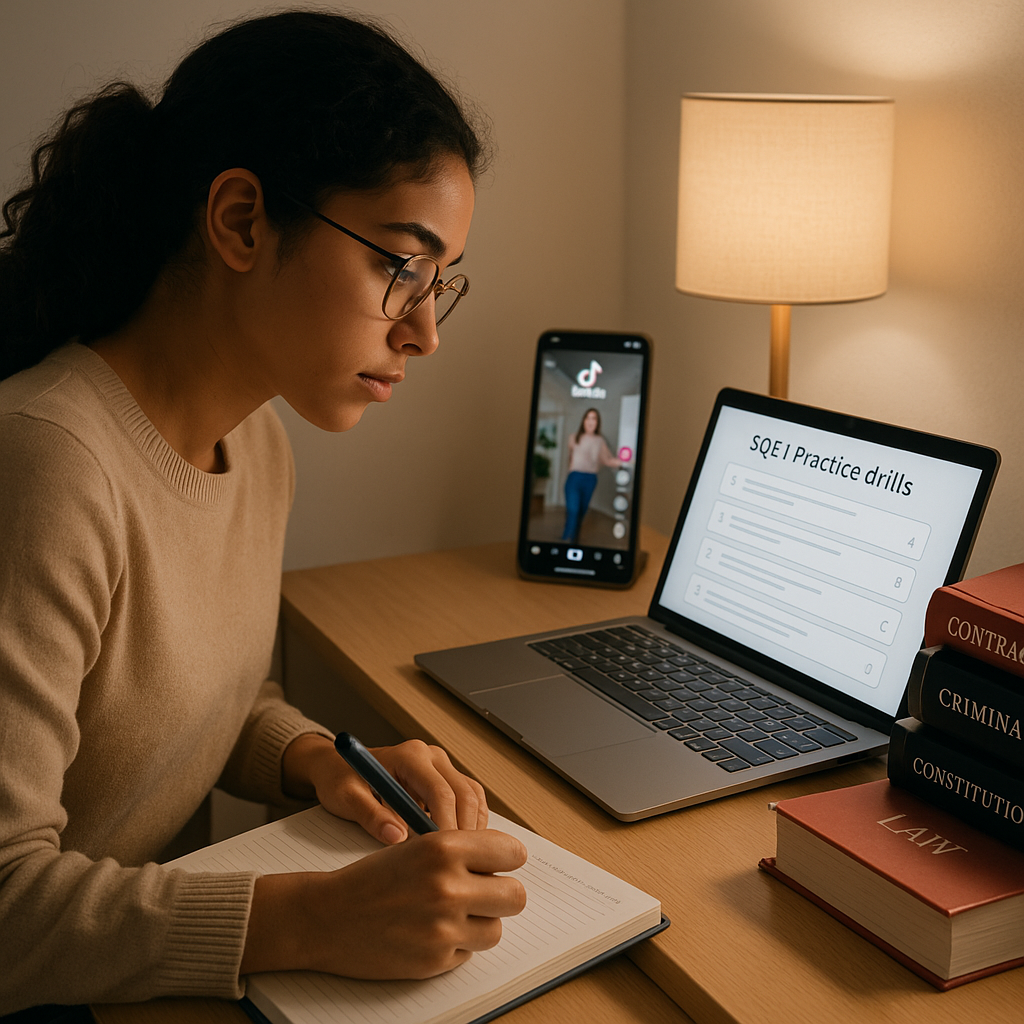 A young aspiring lawyer studying at a small desk with a laptop showing SQE1 practice drills, a stack of law books nearby...